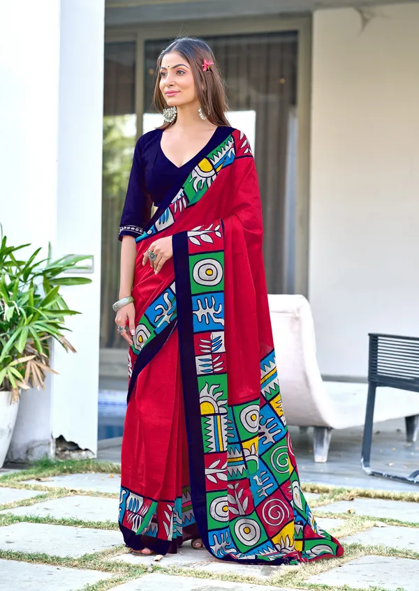 Handicraft_Beautiful_Handicraft_Pure_Soft_MulMulcotton_IKKAT_Hand_Blcok_Print_Saree_With_Blouce_Piece