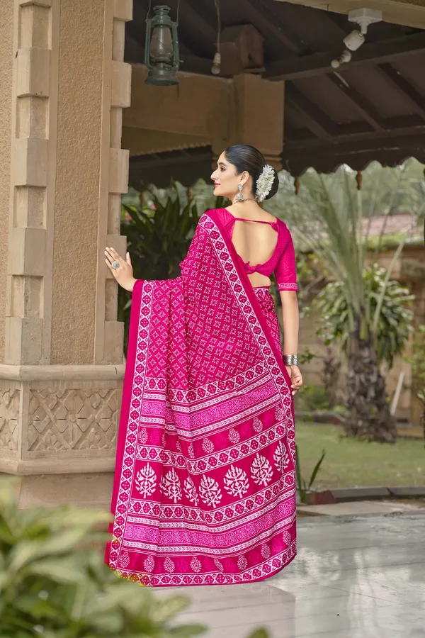 Beautiful_Handicraft_Pure_Soft_MulMul_Cotton_Ikkat_Hand_PrintedSaree_With_Blouse_Piece