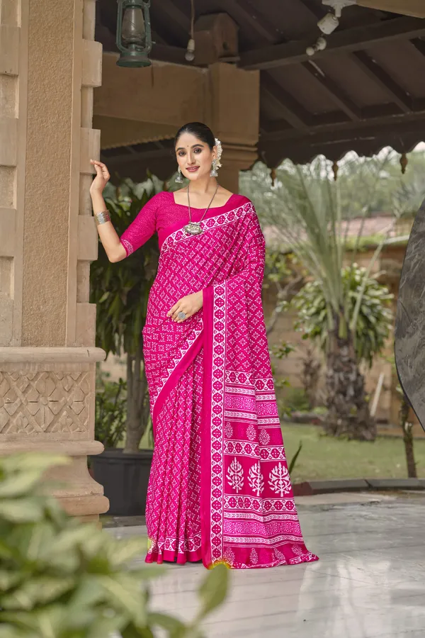 Beautiful_Handicraft_Pure_Soft_MulMul_Cotton_Ikkat_Hand_PrintedSaree_With_Blouse_Piece