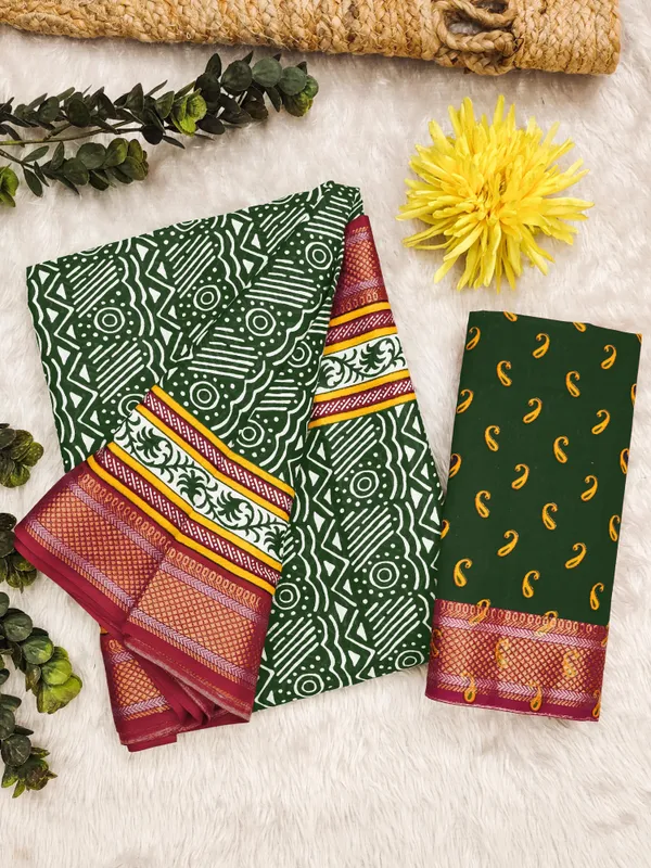 Green_Mustard_New_Stylish_Zari_Border_Ajarkh_Block_Print_Pure_Mulmul_Cotton_Saree
