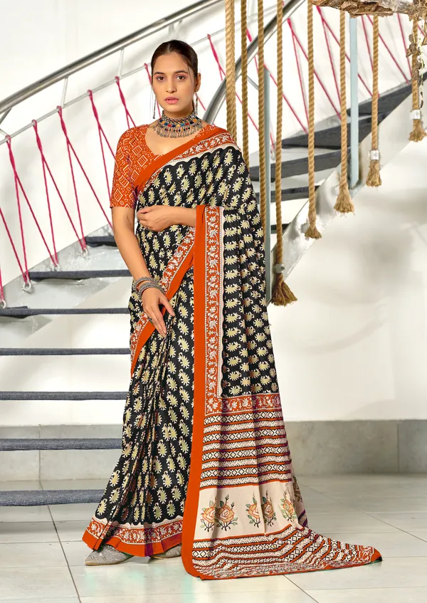 Handicraft_Beautiful_Handicraft_Pure_Soft_MulMulcotton_IKKAT_Hand_Blcok_Print_Saree_With_Blouce_Piece