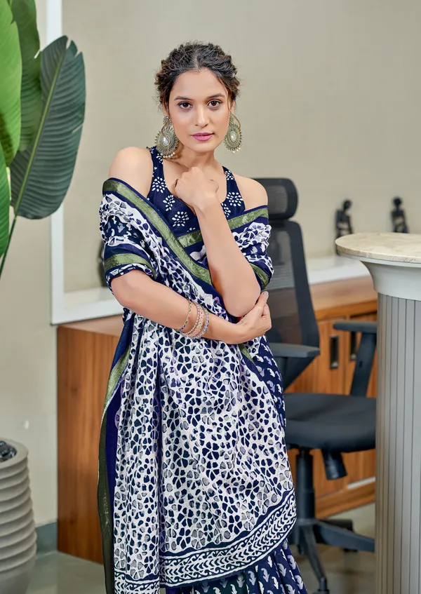 Blue_Beautiful_Zari_Border_Handicraft_Pure_Soft_MulMul_Ikkat_Hand_Print_Cotton_Saree_With_Blouse_Piece