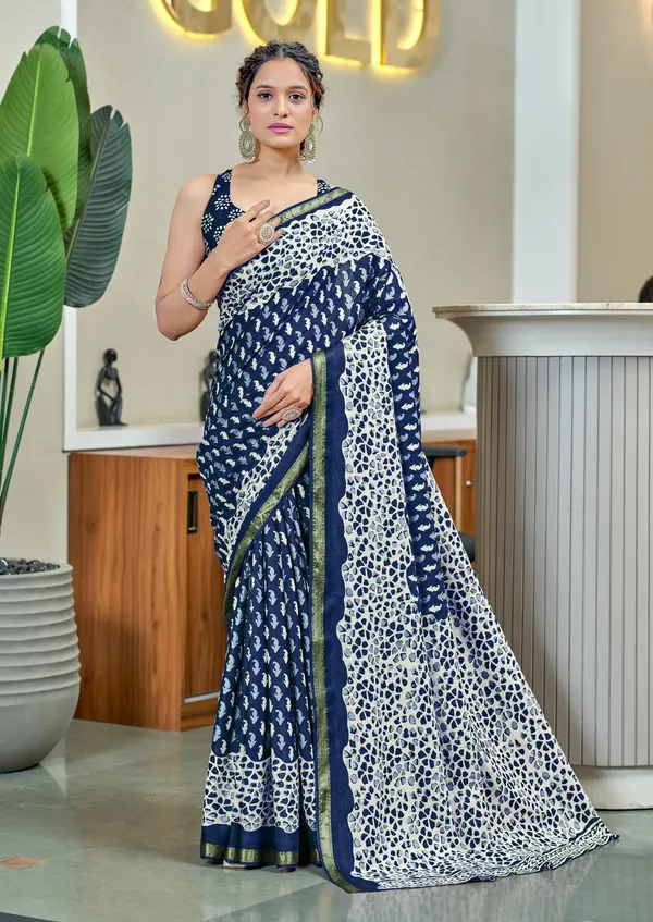 Blue_Beautiful_Zari_Border_Handicraft_Pure_Soft_MulMul_Ikkat_Hand_Print_Cotton_Saree_With_Blouse_Piece