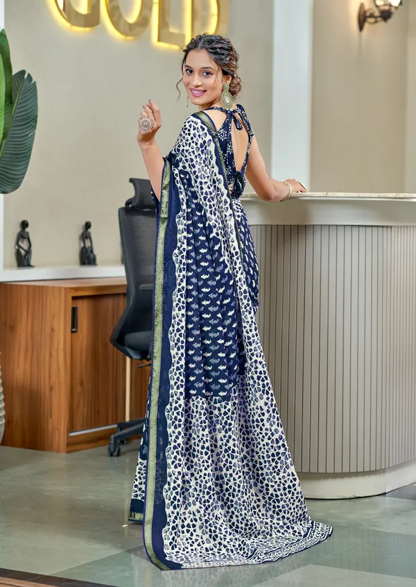 Blue_Beautiful_Zari_Border_Handicraft_Pure_Soft_MulMul_Ikkat_Hand_Print_Cotton_Saree_With_Blouse_Piece
