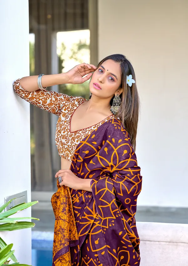 Handicraft_Beautiful_Handicraft_Pure_Soft_MulMulcotton_IKKAT_Hand_Blcok_Print_Saree_With_Blouce_Piece