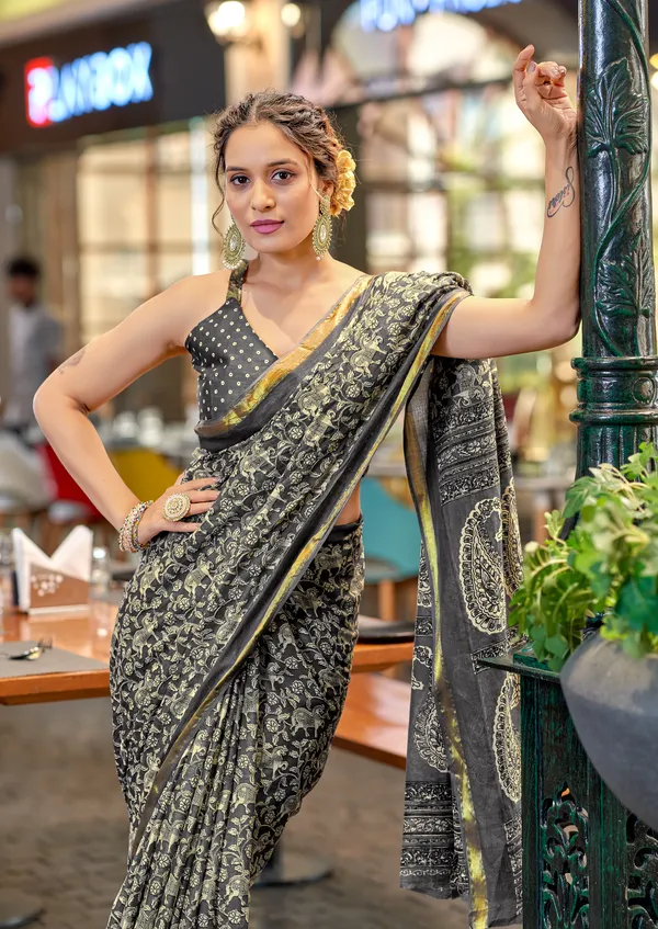 Black_Beautiful_Zari_Border_Handicraft_Pure_Soft_MulMul_Ajrakh_Hand_Print_Cotton_Saree_With_Blouse_Piece
