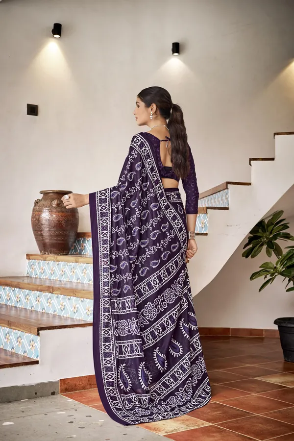 Beautiful_Handicraft_Pure_Soft_MulMul_Cotton_Ikkat_Hand_PrintedSaree_With_Blouse_Piece