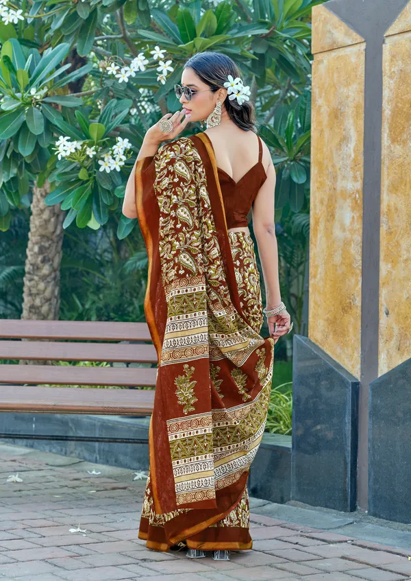 Maroon_Beautiful_Jaipuri_Handicraft_Block_Print_Pure_Soft_MulMul_Cotton_Zari_Border_Saree_With_Blouse_Piece