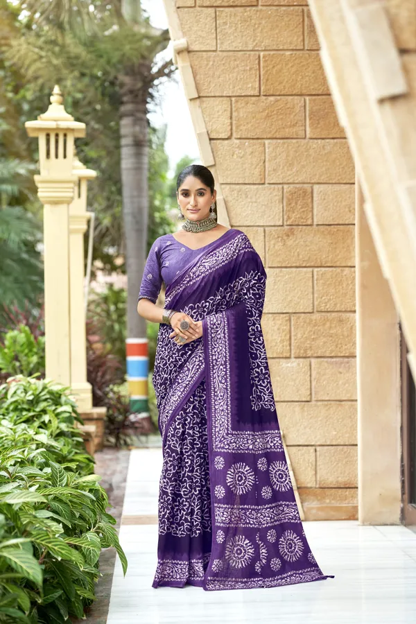 Beautiful_Handicraft_Pure_Soft_MulMul_Cotton_Ikkat_Hand_PrintedSaree_With_Blouse_Piece