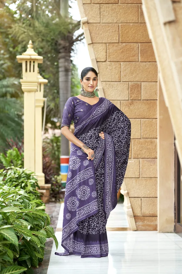 Beautiful_Handicraft_Pure_Soft_MulMul_Cotton_Ikkat_Hand_PrintedSaree_With_Blouse_Piece