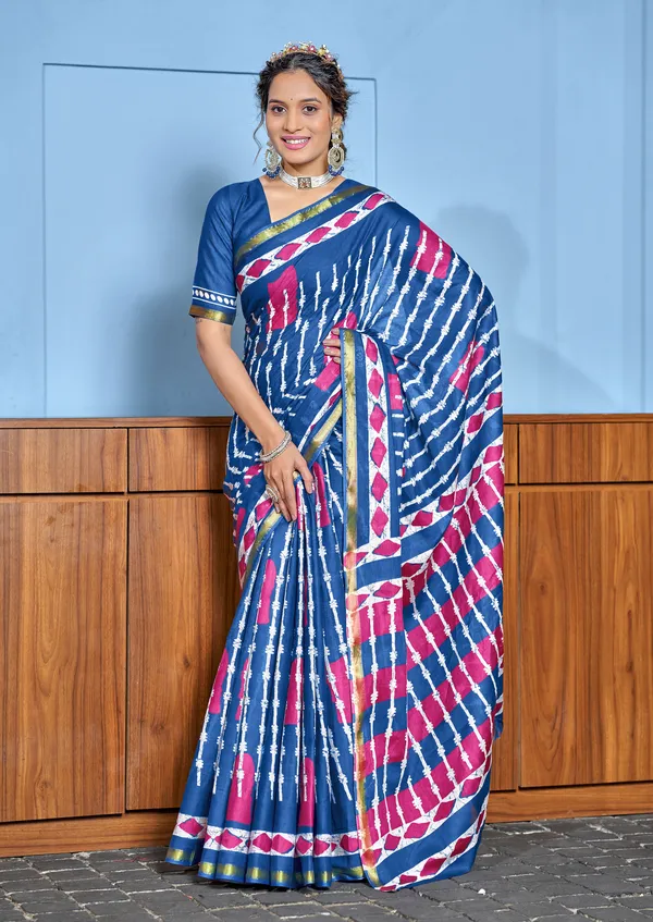 Blue_Beautiful_Zari_Border_Handicraft_Pure_Soft_MulMul_Shibori_Hand_Print_Cotton_Saree_With_Blouse_Piece