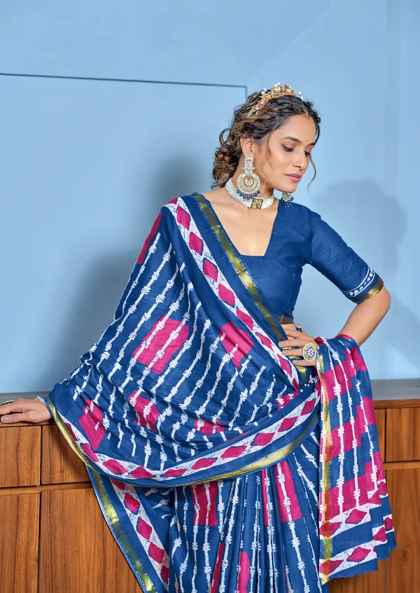 Blue_Beautiful_Zari_Border_Handicraft_Pure_Soft_MulMul_Shibori_Hand_Print_Cotton_Saree_With_Blouse_Piece