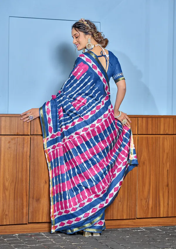 Blue_Beautiful_Zari_Border_Handicraft_Pure_Soft_MulMul_Shibori_Hand_Print_Cotton_Saree_With_Blouse_Piece