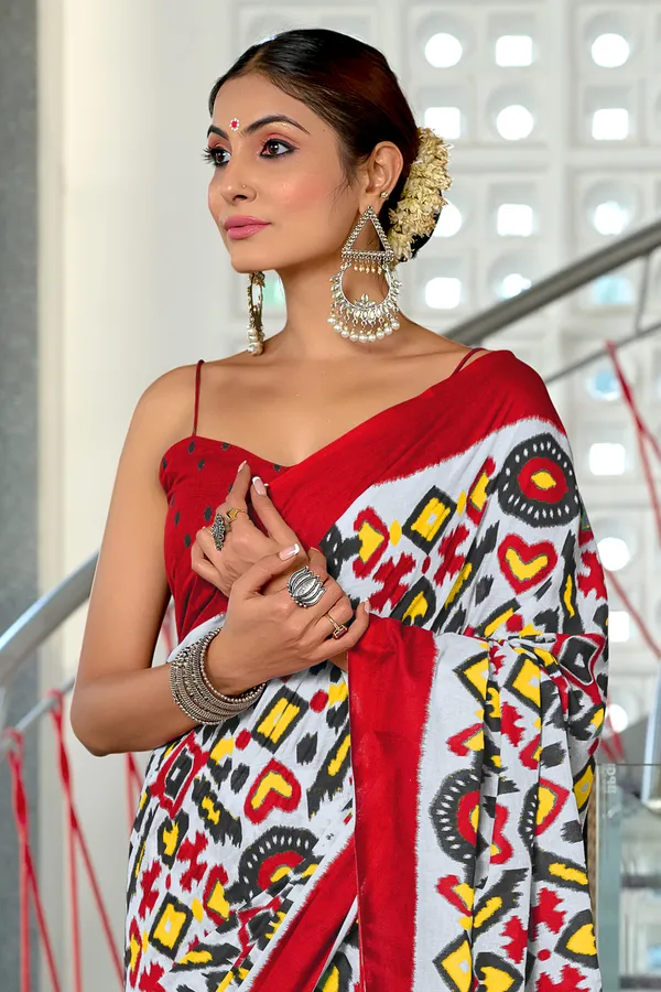 Handicraft_Beautiful_Handicraft_Pure_Soft_MulMulcotton_IKKAT_Hand_Blcok_Print_Saree_With_Blouce_Piece