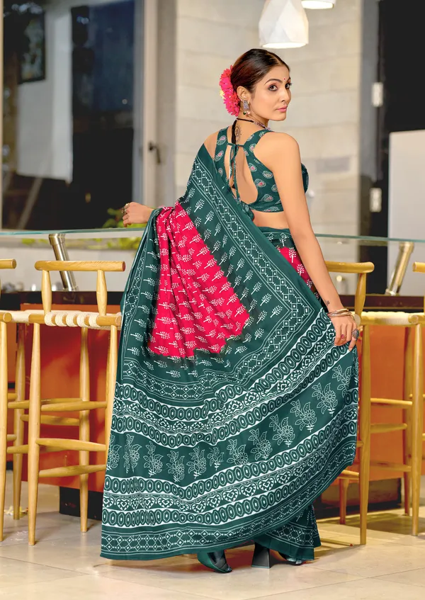 Handicraft_Beautiful_Handicraft_Pure_Soft_MulMulcotton_IKKAT_Hand_Blcok_Print_Saree_With_Blouce_Piece