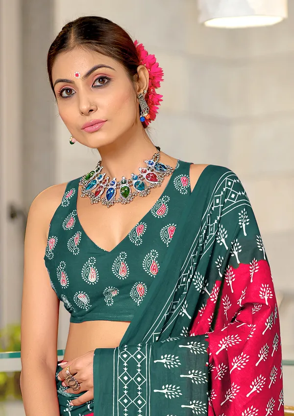 Handicraft_Beautiful_Handicraft_Pure_Soft_MulMulcotton_IKKAT_Hand_Blcok_Print_Saree_With_Blouce_Piece