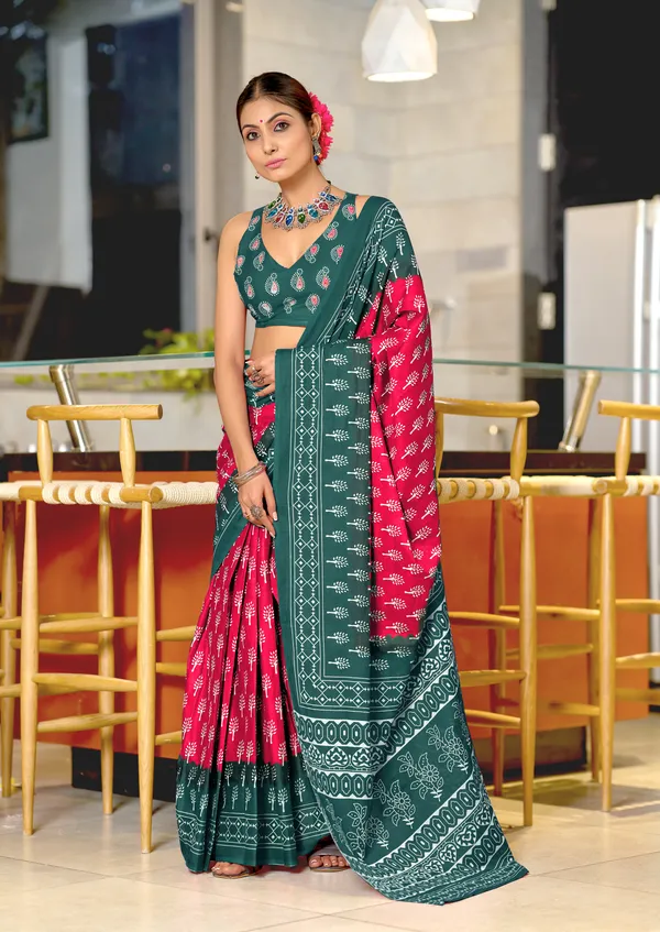 Handicraft_Beautiful_Handicraft_Pure_Soft_MulMulcotton_IKKAT_Hand_Blcok_Print_Saree_With_Blouce_Piece