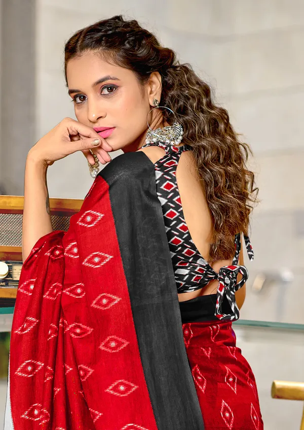 Handicraft_Beautiful_Handicraft_Pure_Soft_MulMulcotton_IKKAT_Hand_Blcok_Print_Saree_With_Blouce_Piece