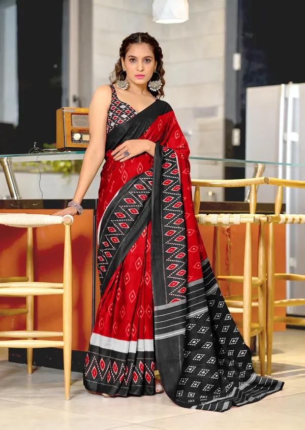 Handicraft_Beautiful_Handicraft_Pure_Soft_MulMulcotton_IKKAT_Hand_Blcok_Print_Saree_With_Blouce_Piece