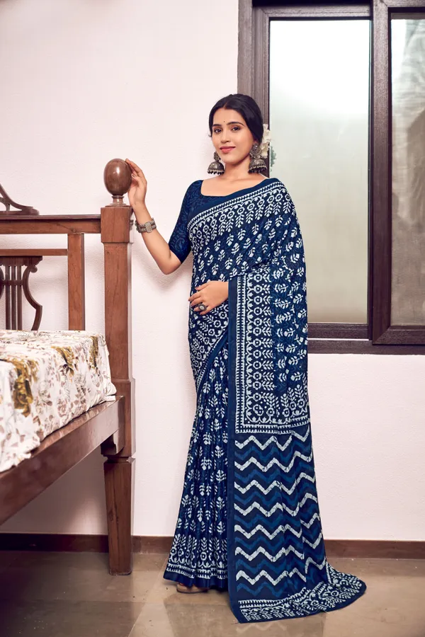 Beautiful_Handicraft_Pure_Soft_MulMul_Cotton_Ikkat_Hand_PrintedSaree_With_Blouse_Piece
