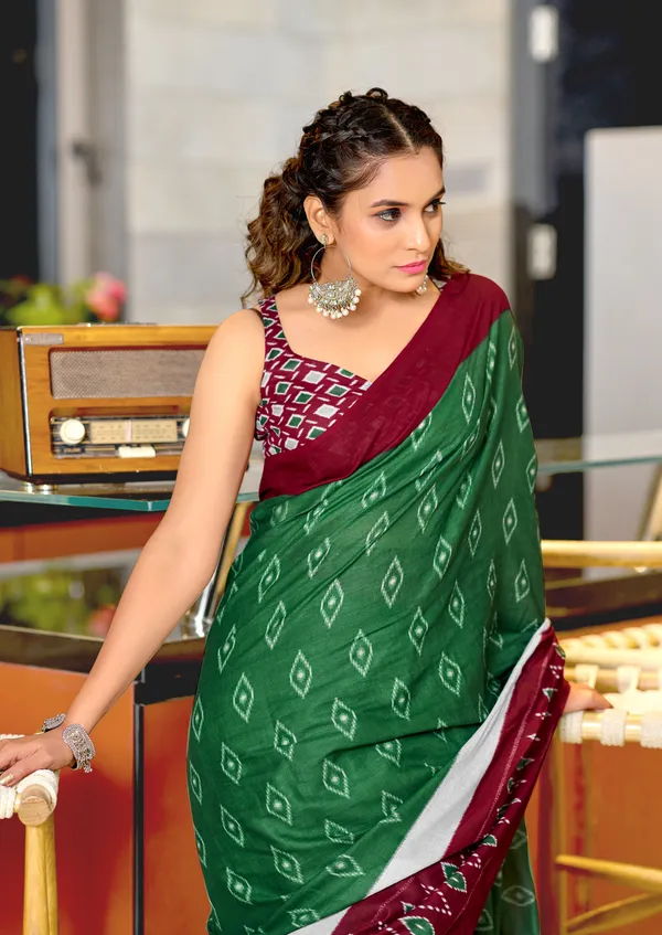 Handicraft_Beautiful_Handicraft_Pure_Soft_MulMulcotton_IKKAT_Hand_Blcok_Print_Saree_With_Blouce_Piece