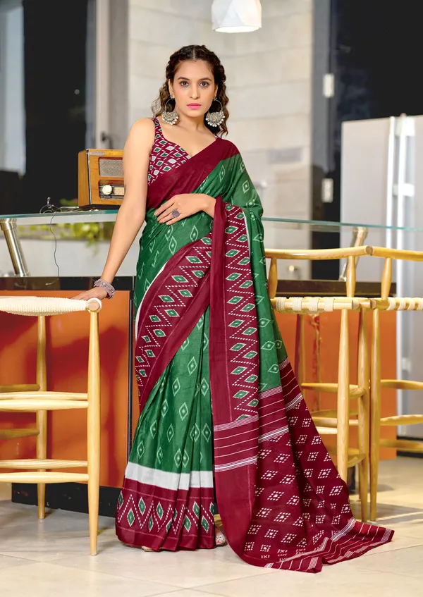 Handicraft_Beautiful_Handicraft_Pure_Soft_MulMulcotton_IKKAT_Hand_Blcok_Print_Saree_With_Blouce_Piece
