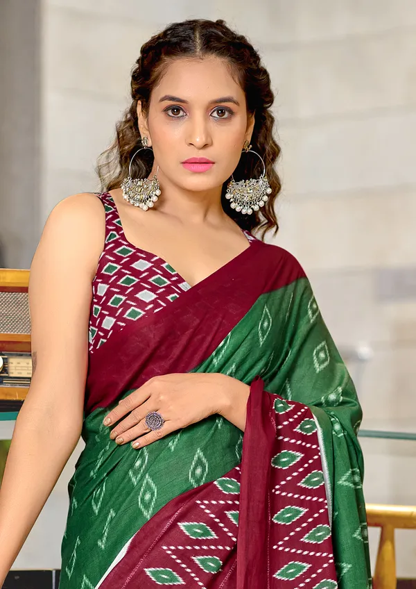 Handicraft_Beautiful_Handicraft_Pure_Soft_MulMulcotton_IKKAT_Hand_Blcok_Print_Saree_With_Blouce_Piece