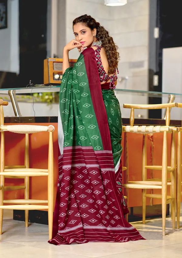 Handicraft_Beautiful_Handicraft_Pure_Soft_MulMulcotton_IKKAT_Hand_Blcok_Print_Saree_With_Blouce_Piece