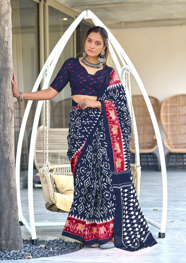 Handicraft_Beautiful_Handicraft_Pure_Soft_MulMulcotton_IKKAT_Hand_Blcok_Print_Saree_With_Blouce_Piece