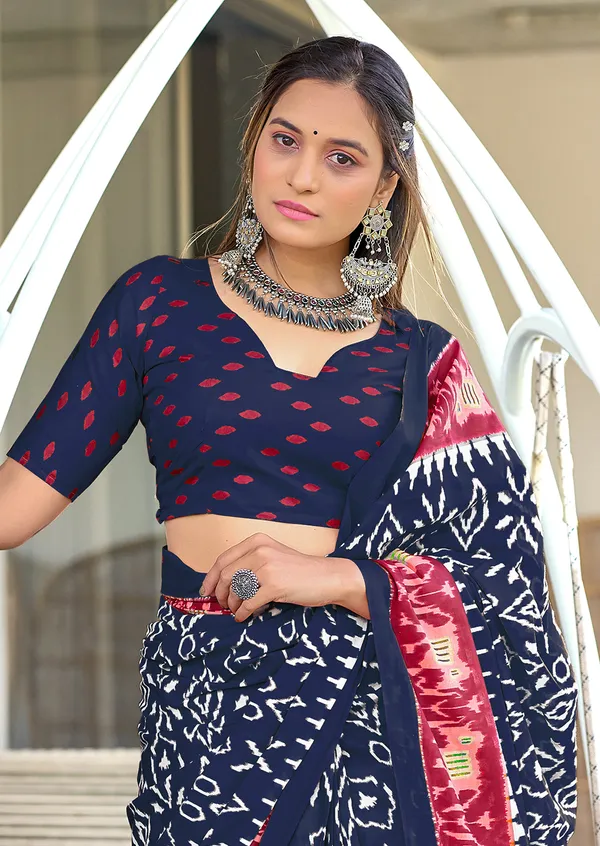 Handicraft_Beautiful_Handicraft_Pure_Soft_MulMulcotton_IKKAT_Hand_Blcok_Print_Saree_With_Blouce_Piece