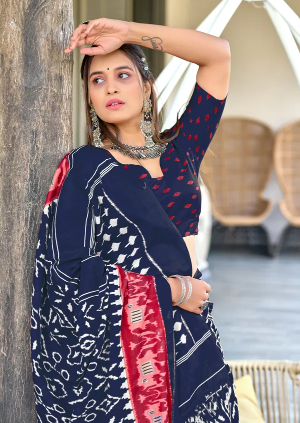Handicraft_Beautiful_Handicraft_Pure_Soft_MulMulcotton_IKKAT_Hand_Blcok_Print_Saree_With_Blouce_Piece