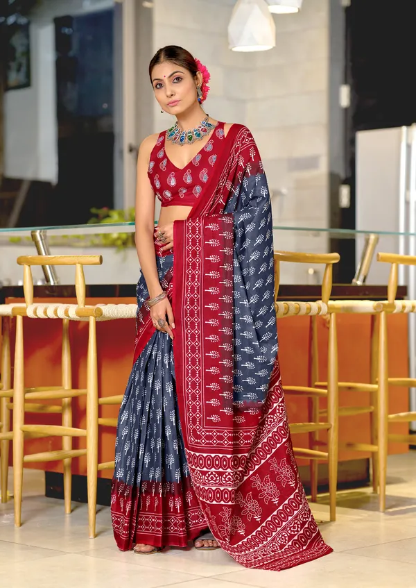 Handicraft_Beautiful_Handicraft_Pure_Soft_MulMulcotton_IKKAT_Hand_Blcok_Print_Saree_With_Blouce_Piece