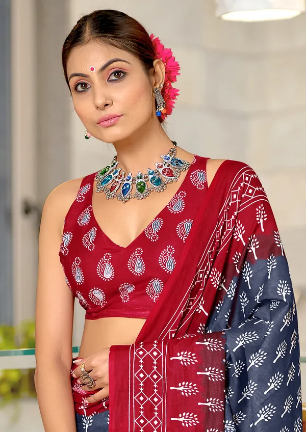 Handicraft_Beautiful_Handicraft_Pure_Soft_MulMulcotton_IKKAT_Hand_Blcok_Print_Saree_With_Blouce_Piece
