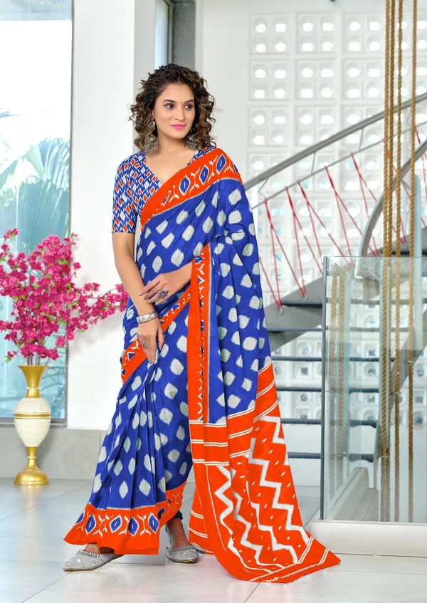 Handicraft_Beautiful_Handicraft_Pure_Soft_MulMulcotton_IKKAT_Hand_Blcok_Print_Saree_With_Blouce_Piece