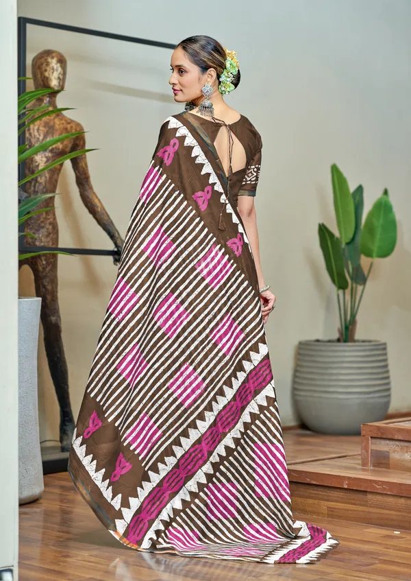 Fancy__Handicraft_Ikkat_Hand_Print_Pure_Soft_MulMul_Cotton_Saree_With_Reach_Zari_Border__With_Blouse_Piece