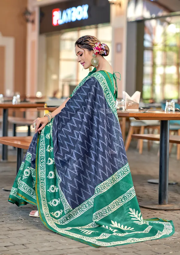Beautiful_Zari_Border_Handicraft_Pure_Soft_MulMul_Ikkat_Hand_Print_Cotton_Saree_With_Blouse_Piece
