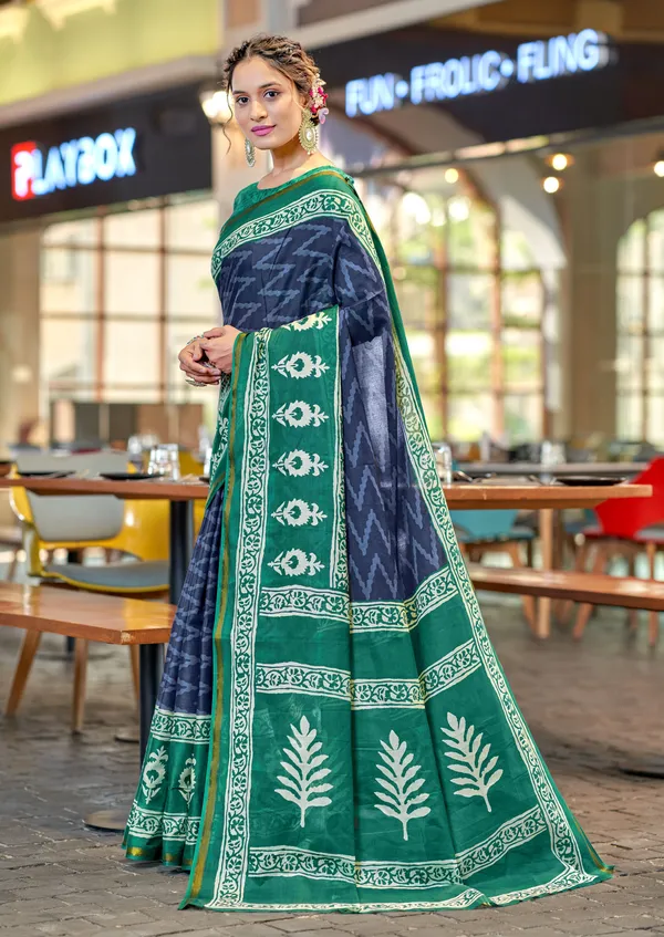 Beautiful_Zari_Border_Handicraft_Pure_Soft_MulMul_Ikkat_Hand_Print_Cotton_Saree_With_Blouse_Piece