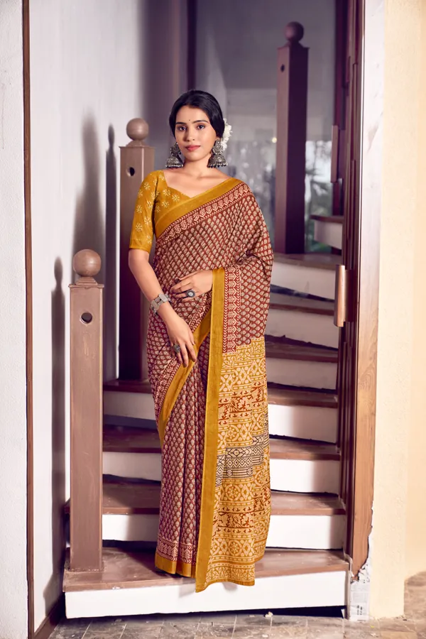 Beautiful_Handicraft_Pure_Soft_MulMul_Cotton_Ikkat_Hand_PrintedSaree_With_Blouse_Piece