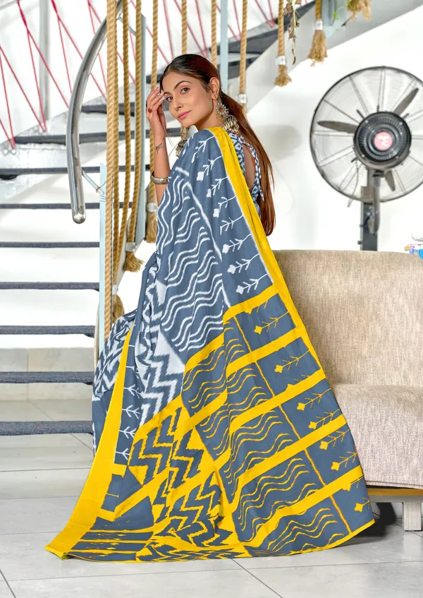 Handicraft_Beautiful_Handicraft_Pure_Soft_MulMulcotton_IKKAT_Hand_Blcok_Print_Saree_With_Blouce_Piece