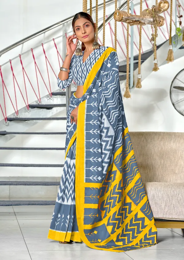 Handicraft_Beautiful_Handicraft_Pure_Soft_MulMulcotton_IKKAT_Hand_Blcok_Print_Saree_With_Blouce_Piece