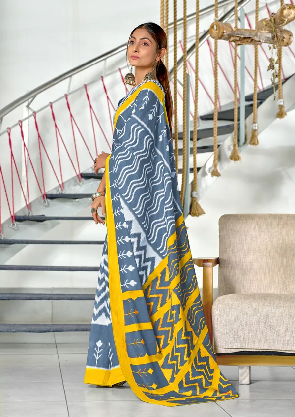 Handicraft_Beautiful_Handicraft_Pure_Soft_MulMulcotton_IKKAT_Hand_Blcok_Print_Saree_With_Blouce_Piece