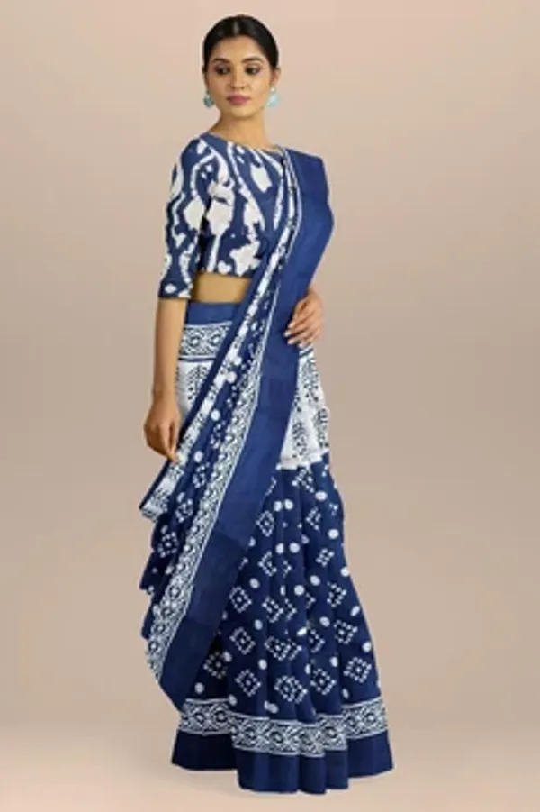 Blue_Ikat_Printed_Pure_Cotton_Saree_With_Blouse_Piece