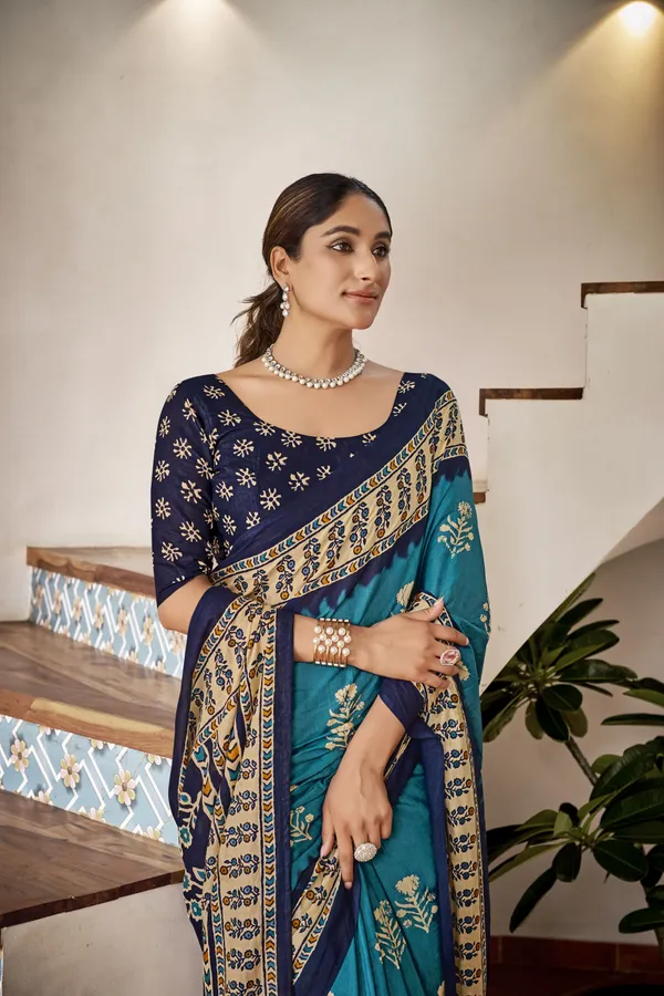 Beautiful_Handicraft_Pure_Soft_MulMul_Cotton_Ikkat_Hand_PrintedSaree_With_Blouse_Piece