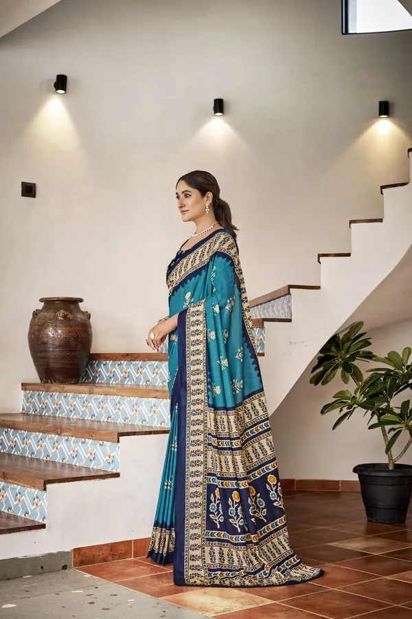 Beautiful_Handicraft_Pure_Soft_MulMul_Cotton_Ikkat_Hand_PrintedSaree_With_Blouse_Piece