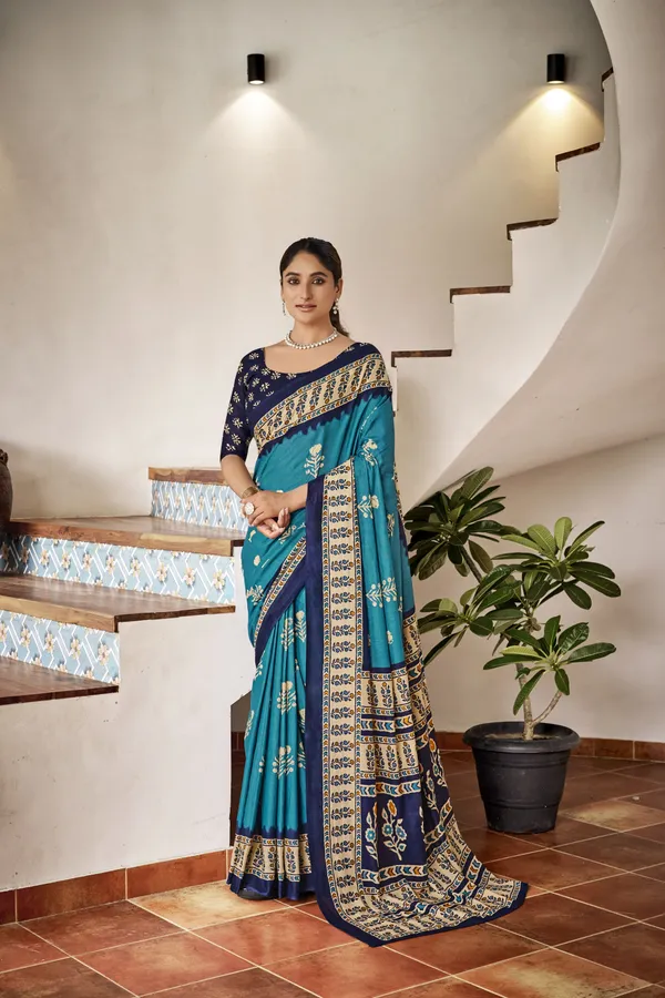 Beautiful_Handicraft_Pure_Soft_MulMul_Cotton_Ikkat_Hand_PrintedSaree_With_Blouse_Piece