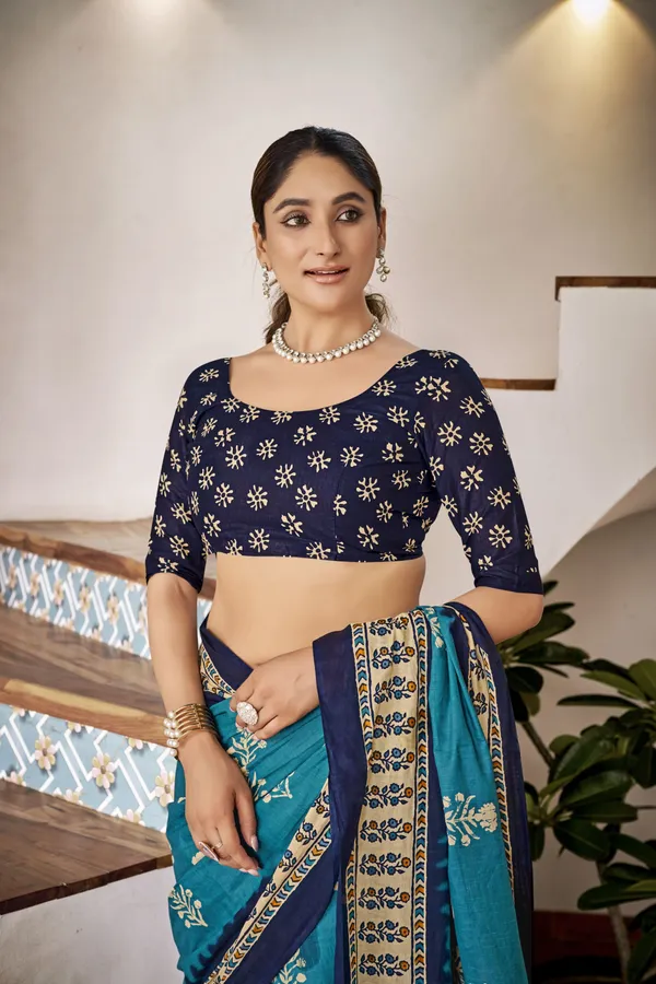 Beautiful_Handicraft_Pure_Soft_MulMul_Cotton_Ikkat_Hand_PrintedSaree_With_Blouse_Piece