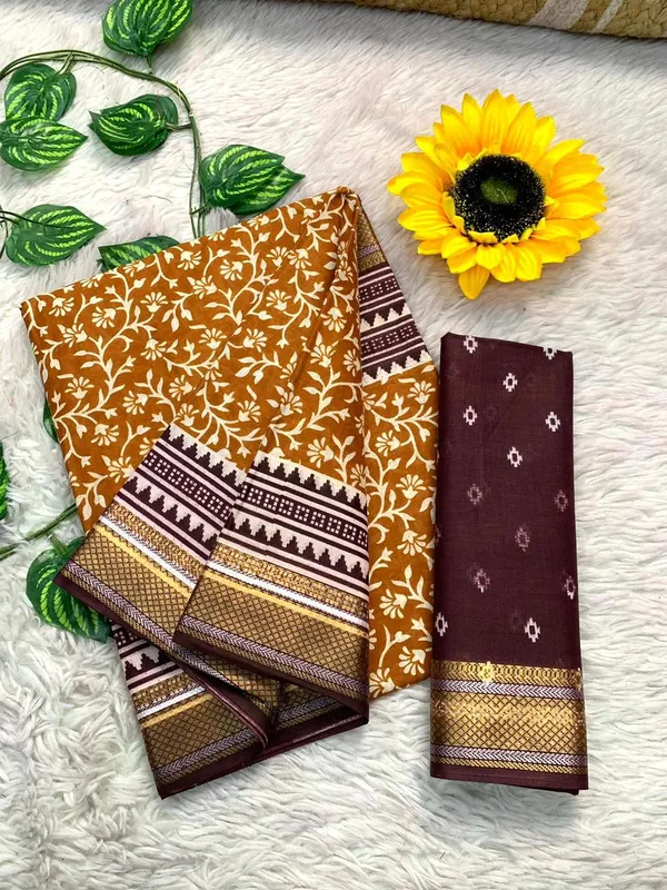 Mustard_New_Stylish_Zari_Border_Ajarkh_Block_Print_Pure_Mulmul_Cotton_Saree