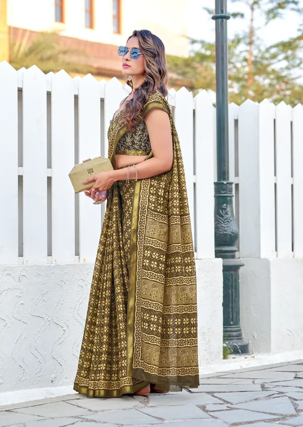 Mehndi_Green_Beautiful_Jaipuri_Handicraft_Block_Print_Pure_Soft_MulMul_Cotton_Zari_Border_Saree_With_Blouse_Piece