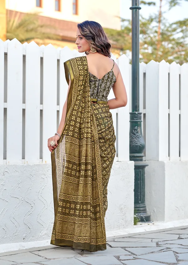 Mehndi_Green_Beautiful_Jaipuri_Handicraft_Block_Print_Pure_Soft_MulMul_Cotton_Zari_Border_Saree_With_Blouse_Piece