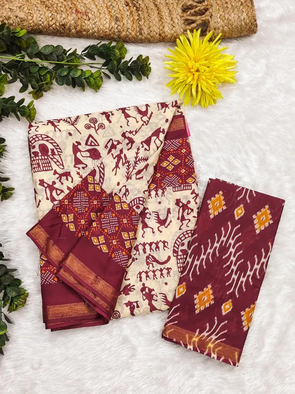 Beautiful_Zari_Border_Handicraft_Pure_Soft_MulMul_Ikkat_Hand_Print_Cotton_Saree_With_Blouse_Piece